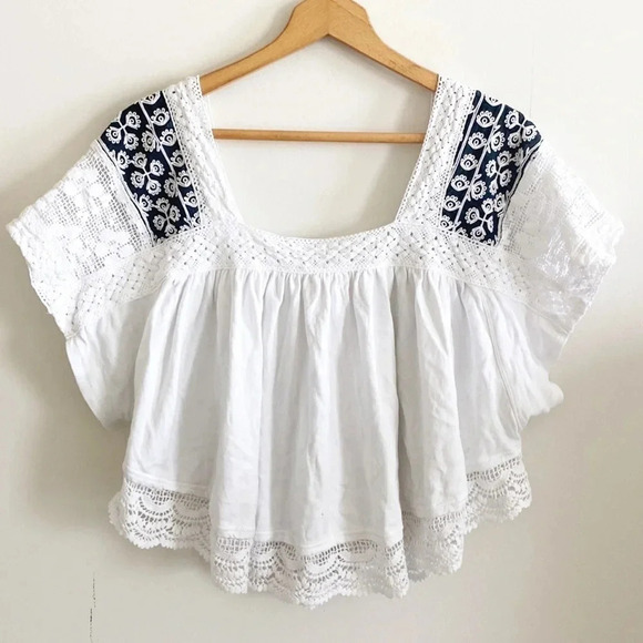 Free People White/black Short Sleeve Square Neck floral embroidered top size S - Picture 4 of 11